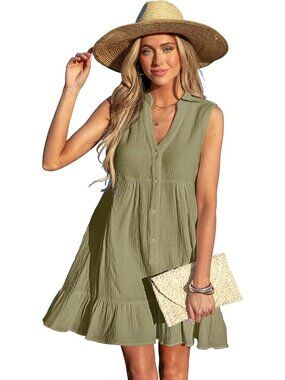 Womens Olive Green Cotton Swimsuit Coverup Beach Cover Up Button Down Ruffle Hem